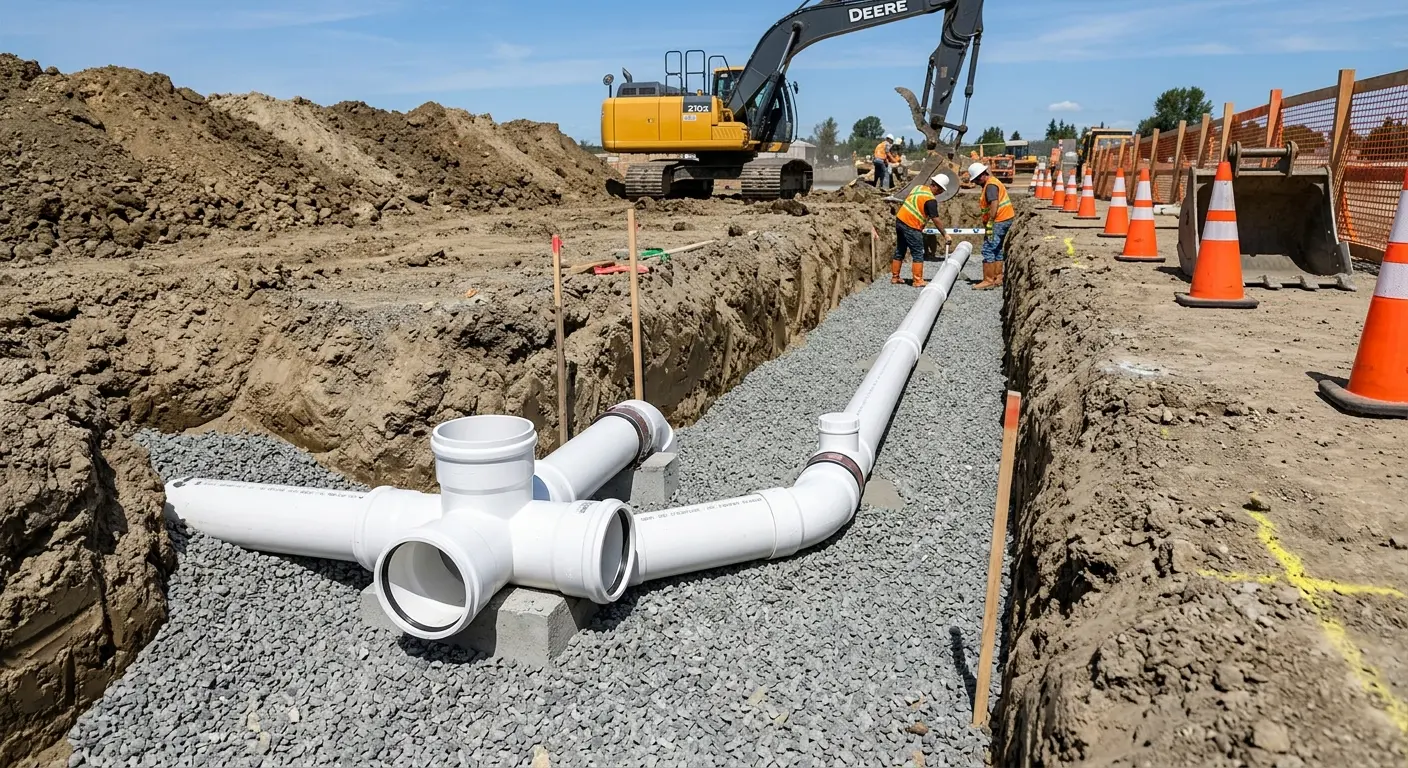 New PVC sewer pipe installation in open trench for Sewer Backup in Chino Valley
