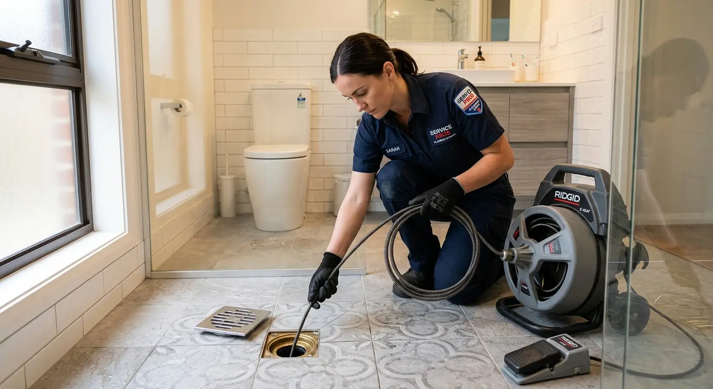 Technician clearing a bathroom floor drain for Sewer Line Replacement in Chino Valley